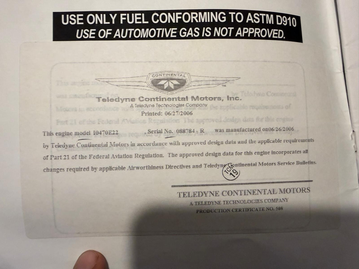 Continental IO-470-E22 Engine No Prop Strike